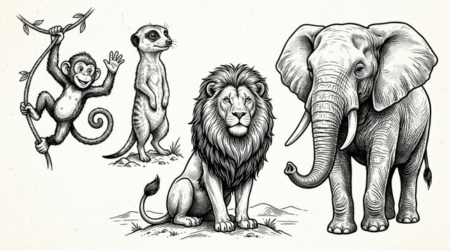 Collection of African Wildlife Animals Drawn in Sketch Style.