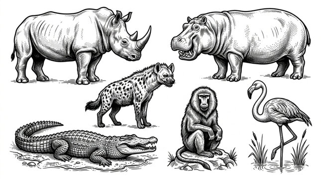 Collection of African Wildlife Animals Hand Drawn Sketch Style.