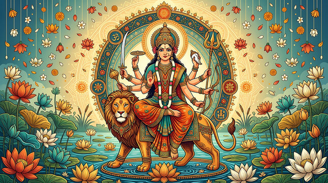 Vibrant depiction of goddess durga seated on lion amidst blooming lotus flowers in traditional Indian art featuring divine