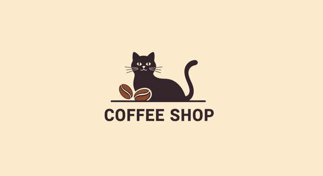 Cute Black Cat with Coffee Beans Logo for Coffee Shop