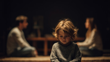 Obraz premium Sad child sitting alone between arguing parents