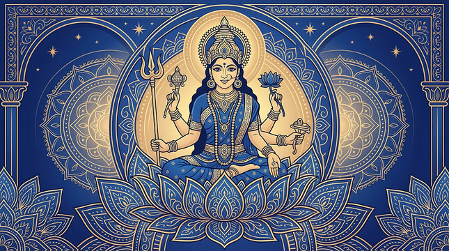 Intricate digital depiction of a serene multi-armed goddess seated on a blooming lotus flower with a cosmic starry background