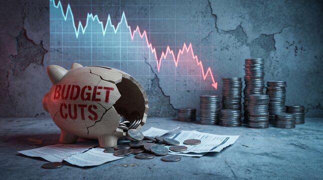 A broken piggy bank labeled "BUDGET CUTS" with scattered coins, a declining financial graph, and stacks of money, symbolizing economic crisis and financial loss.