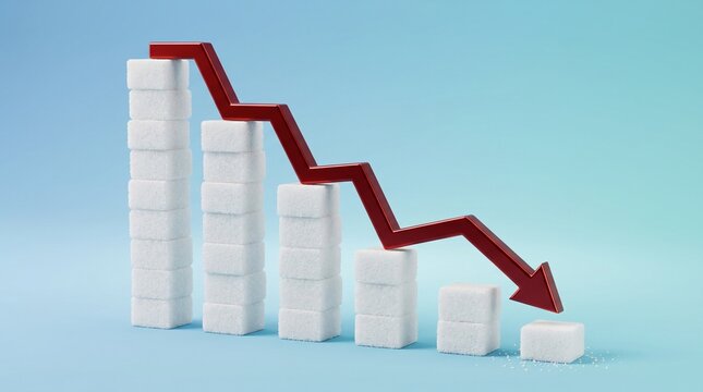 A red arrow showing a significant decline over a bar chart constructed from white sugar cubes on a light blue background.
