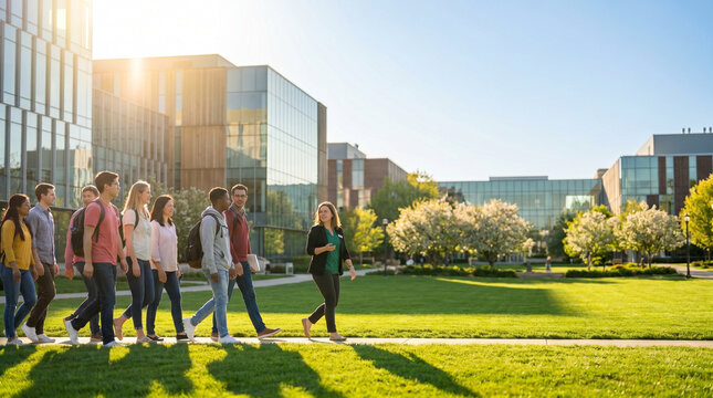 Open university campus tour with students walking on a sunny lawn, modern buildings in background, vibrant greenery, and bright atmosphere