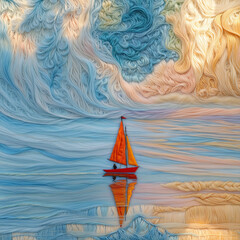 Naklejka premium Whimsical Wool‑Thread Sailboat Swirly Seascape Thread‑Embroidery Art