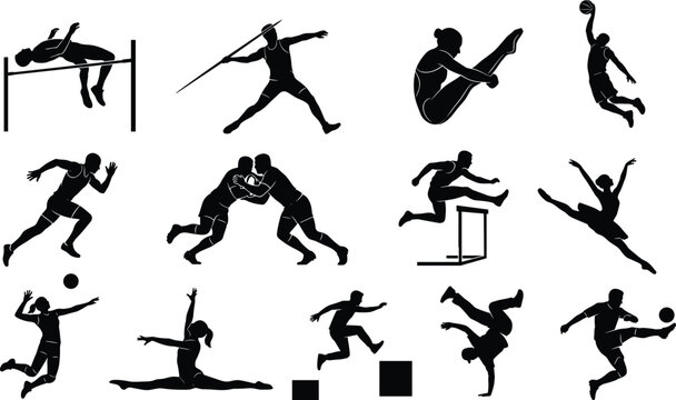 Dynamic Athlete Silhouettes Collection Featuring Track Field Gymnastics Wrestling Volleyball and Parkour Sports Action Vector Illustrations