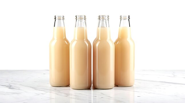 Four glass bottles filled with a creamy, light-colored beverage, standing upright on a white surface.
