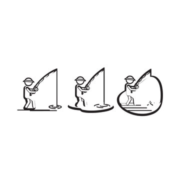 Illustrated sequence of a person fishing and catching.