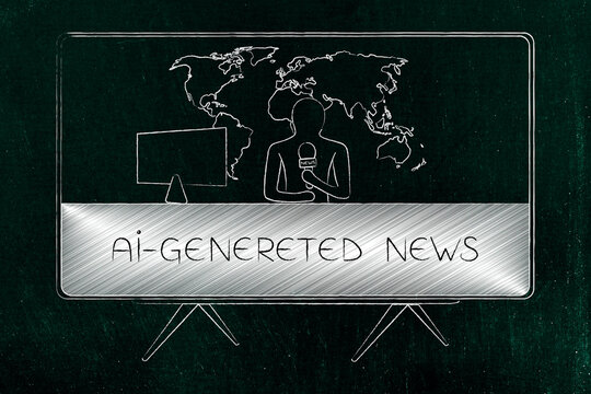 artificial intelligence in news media, anchorman with generative AI news text