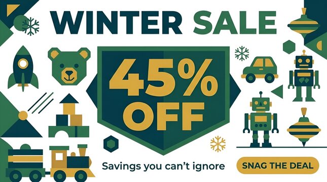 Colorful winter sale advertisement with discount offer graphics.