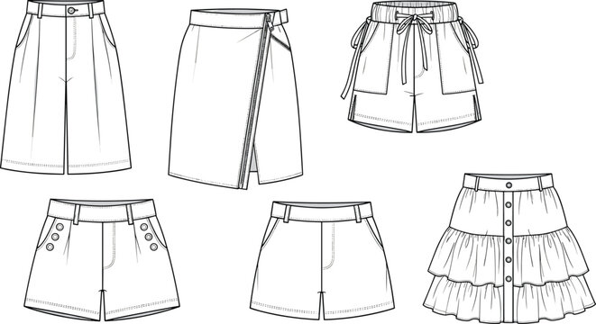Technical fashion illustration set of casual summer wear including cargo shorts culottes zipper wrap skirt and tiered buttoned skirt