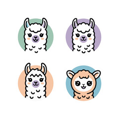 Fototapeta premium Alpaca Llama Heads Icon Set, Round Portraits With Different Moods, Cute Colorful Style, Sticker Pack, Flat Vector Icons, Decorative Elements