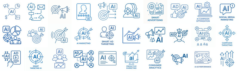Fototapeta premium line art vector icon AI in marketing (targeting ads) blue color 