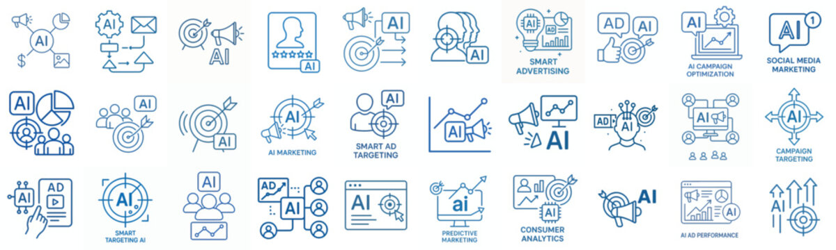 line art vector icon AI in marketing (targeting ads) blue color 