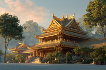Obraz premium A serene Buddhist temple with a golden pagoda tradition.