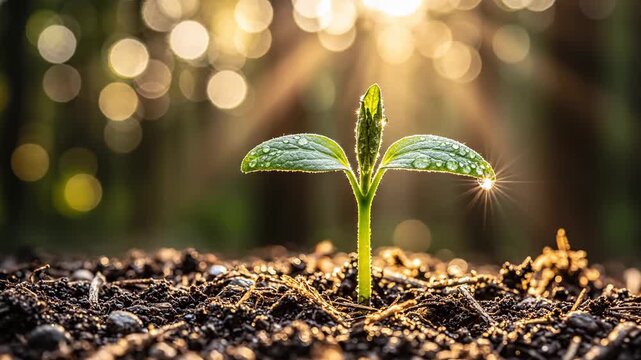 Macro shot of a small green plant seedling emerging from rich dark soil with dew drops on leaves, backlit by golden morning sunlight with bokeh background and sun flare.