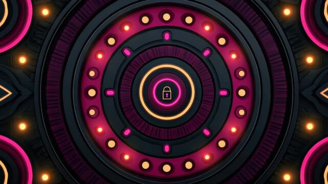 Abstract circular pattern neon light ring glowing lock icon digital security futuristic design with circular digital lock glowing neon ring and small padlock icon, abstract security interface