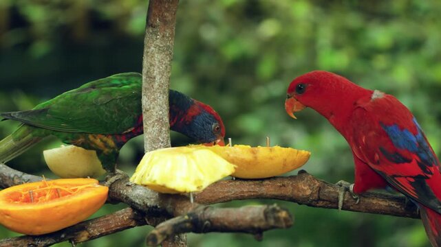 Blue-streaked Lory and Rainbow Lorikeet feeding side by side on mango pineapple and papaya at Edward Youde Aviary