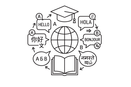 World globe with greetings in different languages and graduation cap, ni hao