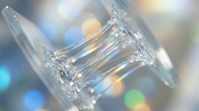 Macro shot of transparent gooey slime stretching between surfaces with prismatic light reflections and colorful bokeh background