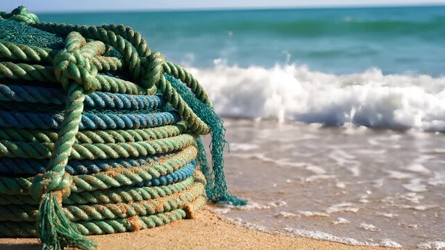 Thick green rope coiled on a sandy beach with ocean waves in the background.