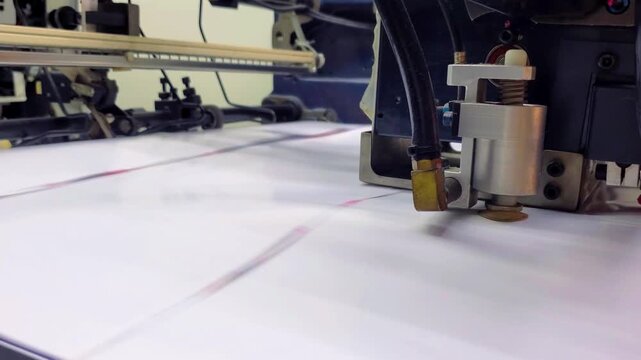 Macro shot of an automated industrial machine part moving blank pages with registration marks at a factory