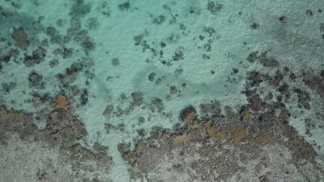 Aerial zenith shot over shallow tropical sea showing underwater rock formations and ripples of light on seabed.shallow water and turquoise sea water texture