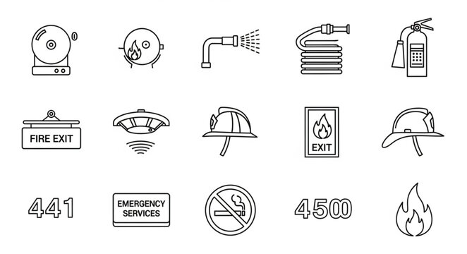 Fire Safety Equipment Icons Collection Line Art Style.