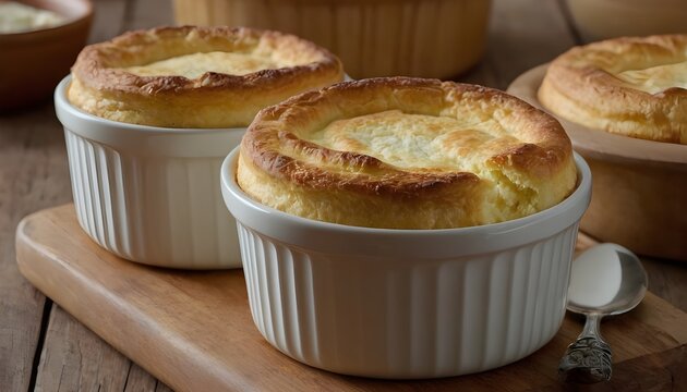 cheese souffl&eacute; in a classic white ramekin