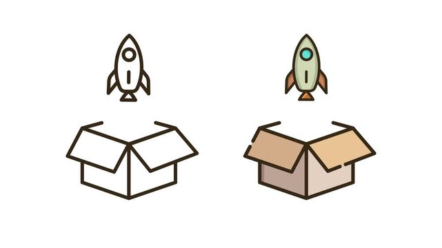 Mini Rocket Trying to Launch from Product Box in Outline and Illustration Variations on White and Green Background