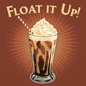 poster of a giant Root Beer Float with vanilla ice cream foam and two graphic straws. Typography: "Float It Up!" Deep brown and cream palette, vintage advertising 