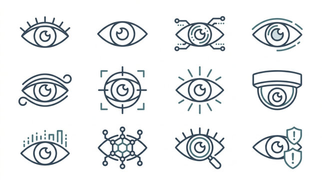 Collection of stylized eye icons representing surveillance and vision technology.