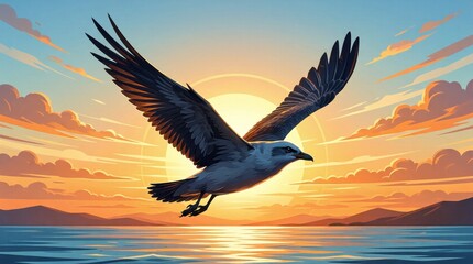 Naklejka premium Seagull soaring over sea at sunset with distant hills