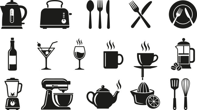 Kitchen utensils and appliances line silhouette icons set for restaurant menu cafe and culinary design