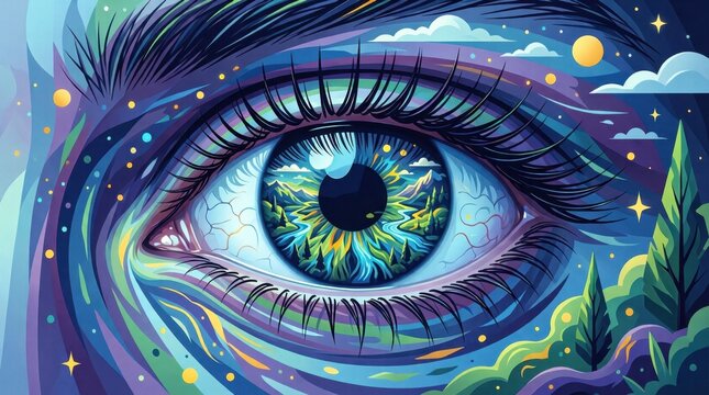 Eye reflecting landscape scene within colorful night sky