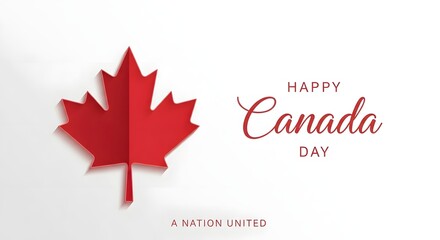 Fototapeta premium Happy canada day greeting card with a red paper cut style maple leaf isolated on white background