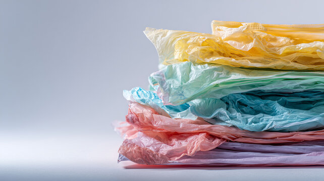 Pile of colorful plastic sheets and plastic packaging on white background