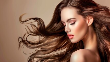 Naklejka premium Elegant female portrait featuring silky beautiful hair and delicate facial skin, ideal visual material applied for professional hair care, daily skin maintenance and commercial beauty promotion advert