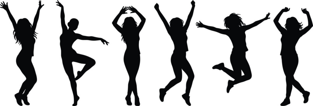 Happy Dancing and Jumping Women Silhouettes Set Active Female Dancers Posing and Celebrating Isolated Vector Illustration Collection for Fitness and Party Designs