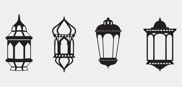 Set of elegant Ramadan lantern silhouettes featuring traditional Arabic fanoos designs. These intricate black outlines of Islamic hanging lamps with crescent moon and star motifs are perfect for festi