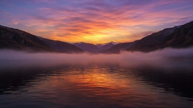 Sunset over foggy lake and mountains.