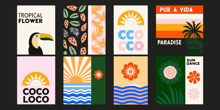 retro tropical poster set with floral and animal illustrations
