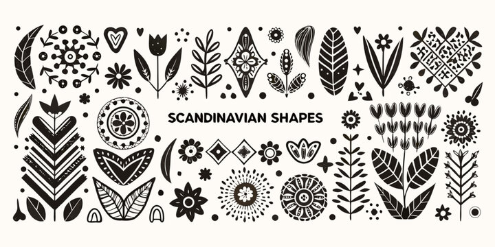 scandinavian folk art floral pattern with black and white shapes