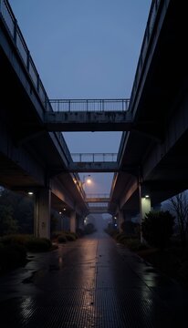 Moody Twilight Beneath Overpass with Reflective Wet Path and Subtle Lighting