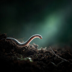 Fototapeta premium Macro earthworm in moist dark soil. Cinematic lighting and shallow depth reveal glossy textures. Clean right copy space for sustainable agriculture, eco campaigns, and nature education.