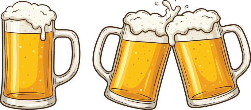 Two cartoon beer mugs with foamy heads colorful vector illustration on a white background