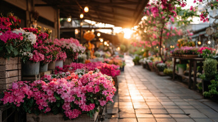 Obraz premium Asian walking street flower market in Thailand. charming local market atmosphere, travel destination and lifestyle concept. 