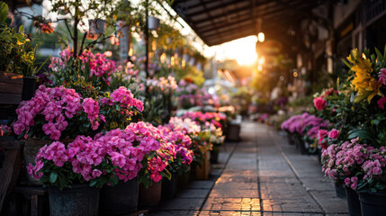 Obraz premium Asian walking street flower market in Thailand. charming local market atmosphere, travel destination and lifestyle concept. 