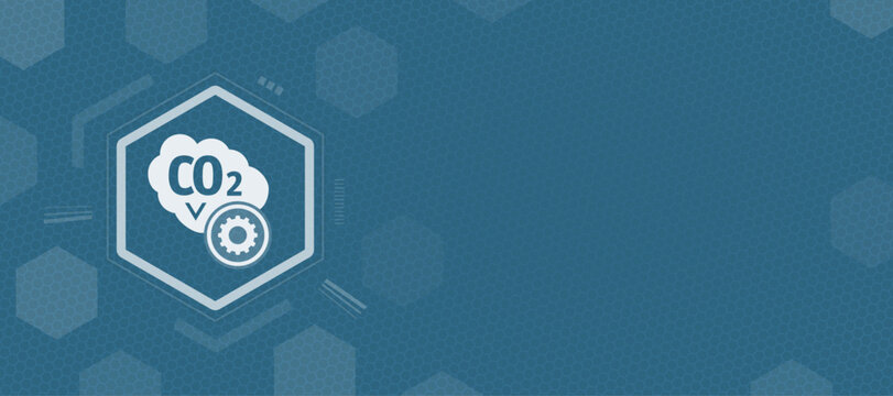 Abstract background featuring a CO2 cloud icon inside a technological hexagon frame representing climate tech carbon footprint reduction and environmental innovation strategy